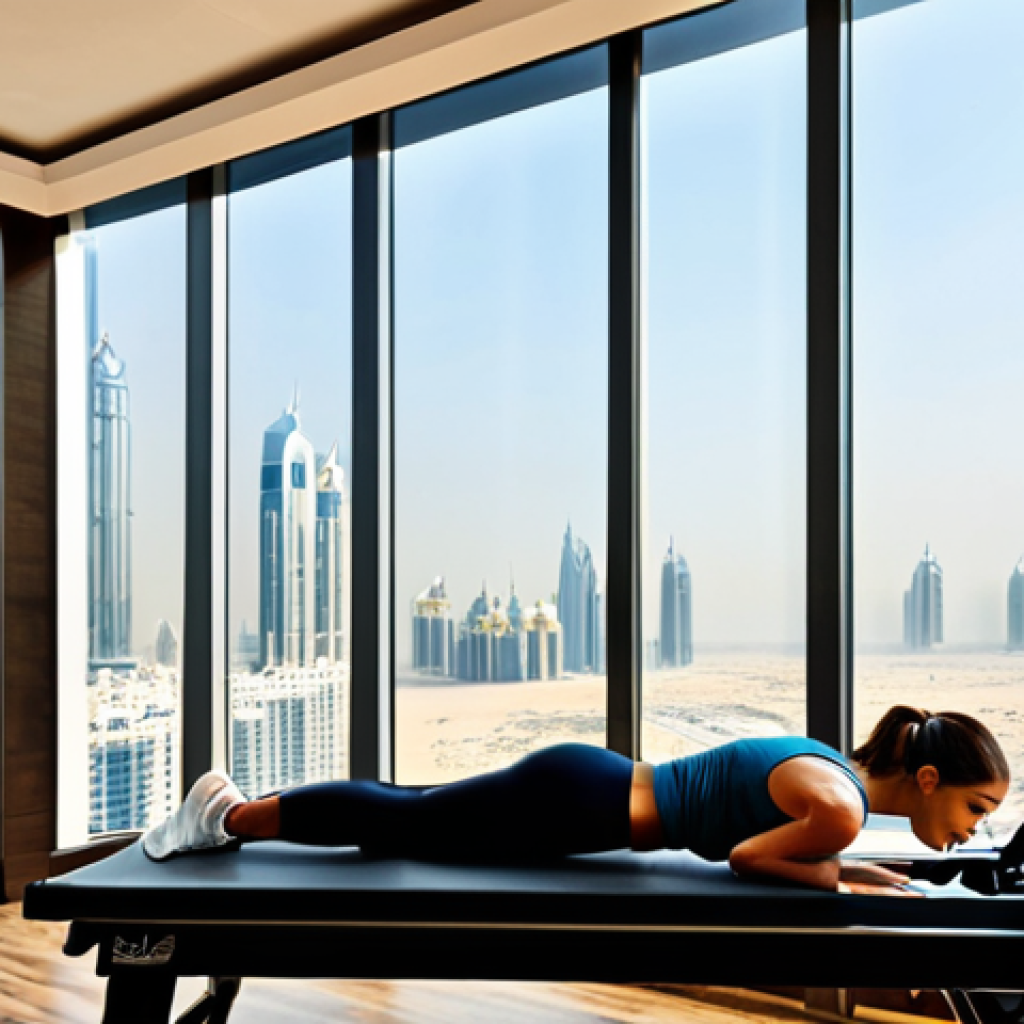 **

"A brightly lit Pilates studio in Dubai, featuring a woman in modest athletic wear demonstrating exercises on a Reformer machine. The studio has large windows overlooking a cityscape. Focus on proper form and posture. Safe for work, appropriate content, fully clothed, professional setting, natural proportions, high quality."

**
