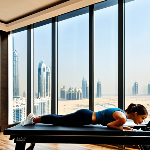 Home 11 **
"A brightly lit Pilates studio in Dubai, featuring a woman in modest athletic wear demonstrating exercises on a Reformer machine. The studio has large windows overlooking a cityscape. Focus on proper form and posture. Safe for work, appropriate content, fully clothed, professional setting, natural proportions, high quality."
**