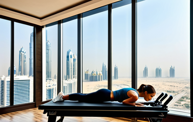 **
"A brightly lit Pilates studio in Dubai, featuring a woman in modest athletic wear demonstrating exercises on a Reformer machine. The studio has large windows overlooking a cityscape. Focus on proper form and posture. Safe for work, appropriate content, fully clothed, professional setting, natural proportions, high quality."
**